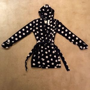 Aerie Hooded Robe Navy with White Polka Dots